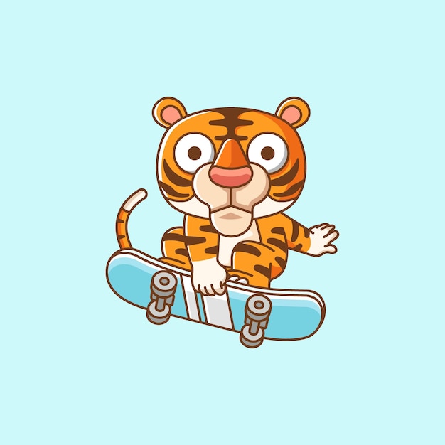 Vector cute tiger playing skateboard slide animal kawaii chibi character mascot illustration outline style