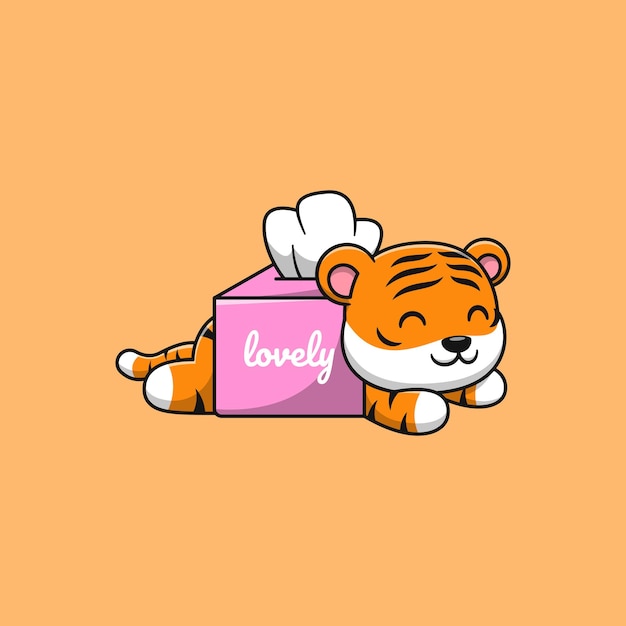 Cute tiger playing with tissue. Flat cartoon illustration