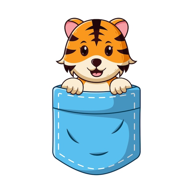 Cute Tiger In Pocket Cartoon. Animal Icon Concept