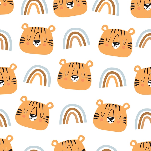 Cute tiger and rainbow seamless pattern. Hand drawn cute