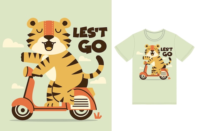 Cute tiger reading scooter illustration with tshirt design premium vector