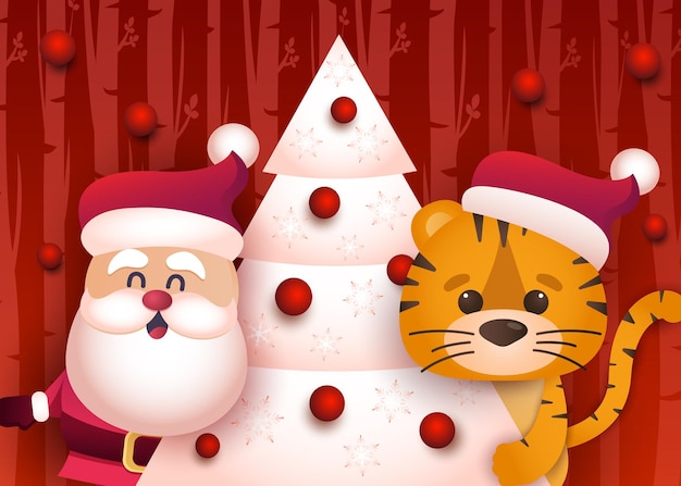 Cute tiger and santa decorate the Christmas treeCongratulatory banner with chinese new year 2022 ye