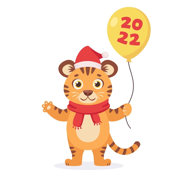 Cute tiger in a scarf with a balloon 2022 Year of the tiger