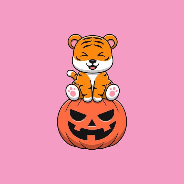 Cute tiger sitting on pumpkin cartoon vector icon illustration. Flat cartoon style.