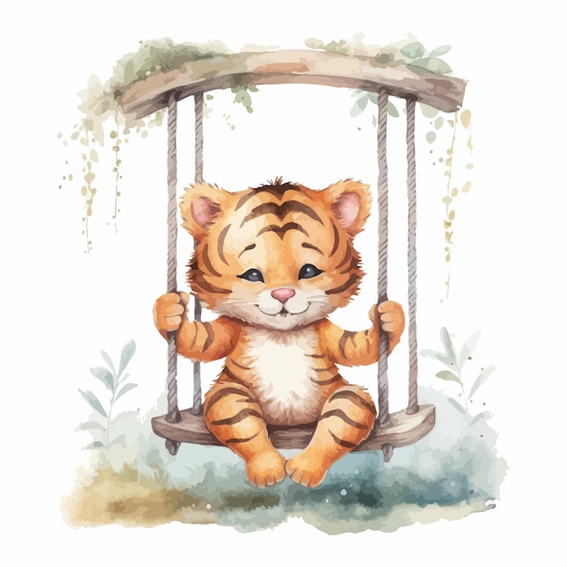 A cute tiger sitting on a swing cartoon watercolor white background