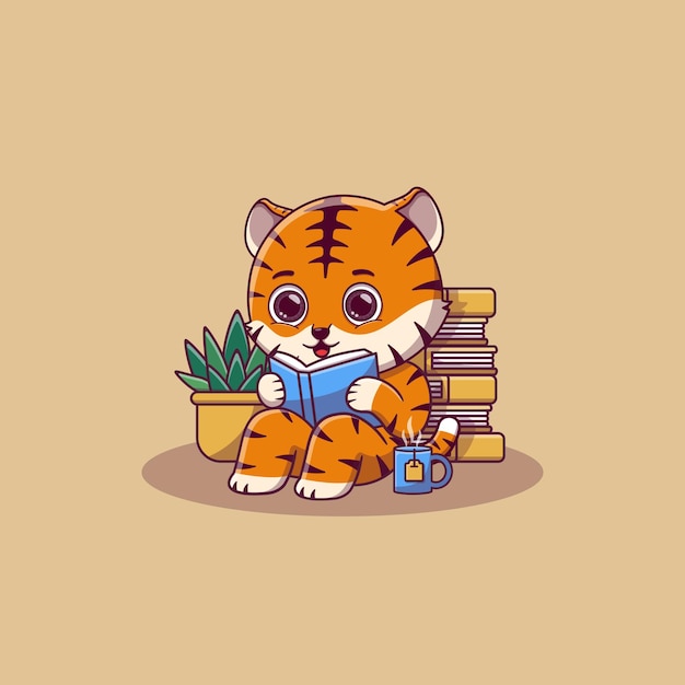 Cute tiger sitting while reading book