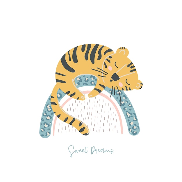 Cute tiger sleeps on rainbow Scandinavian style Vector illustration Baby animal concept