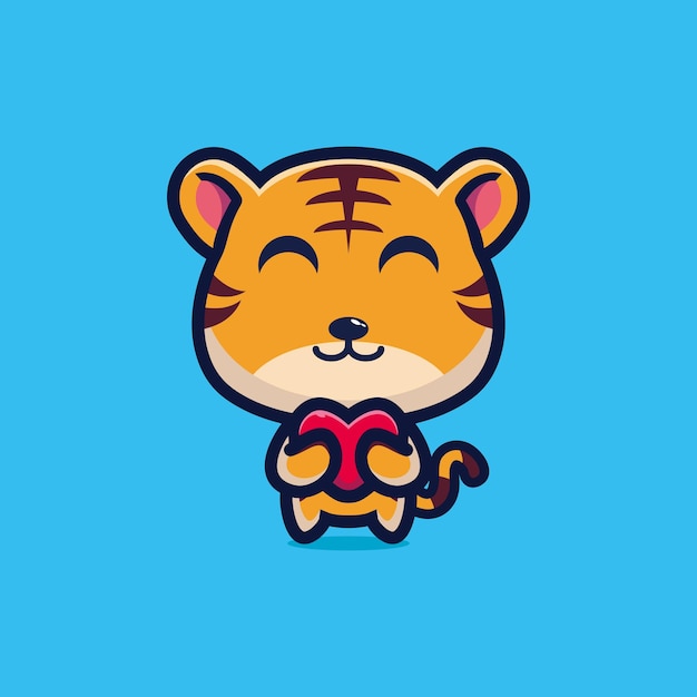 Cute tiger standing holding love cartoon icon vector illustration