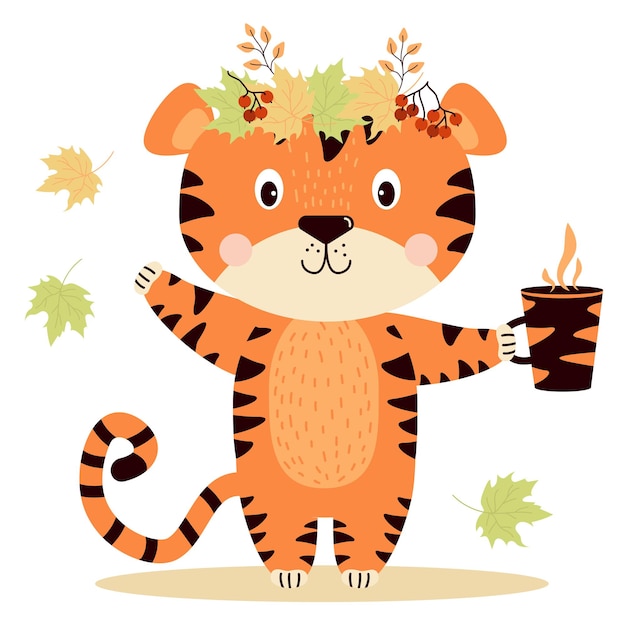 Cute tiger striped character in wreath of autumn leaves and berries with cup of hot drink waving