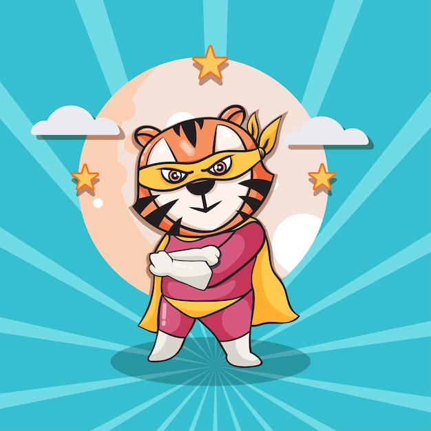 Cute tiger super hero cartoon illustration. animal hero concept isolated flat cartoon