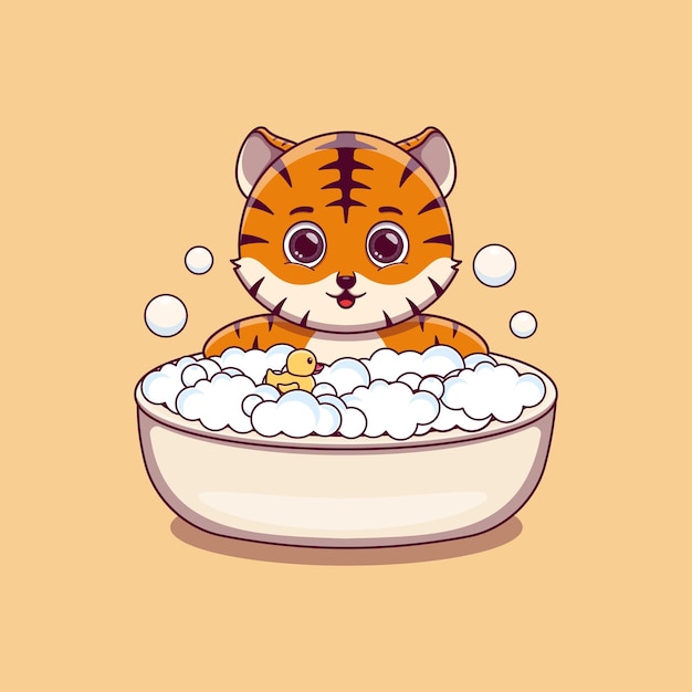 Cute tiger taking bath with duck toy and bubbles