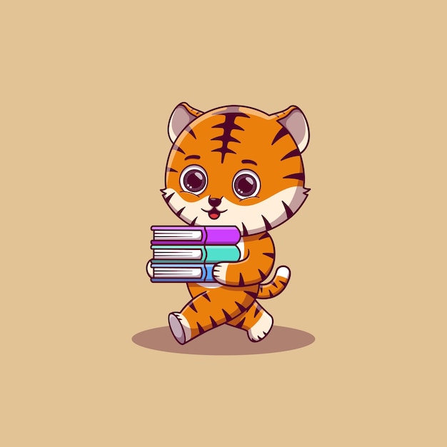 Cute tiger walking and bring some books