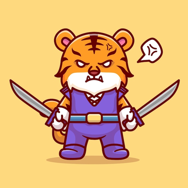 Cute Tiger Warrior Holding Sword Cartoon Vector Icon Illustration Animal Nature Icon Isolated Flat