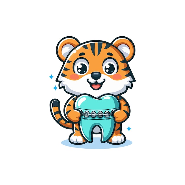 Vector cute tiger wearing braces tooth cartoon vector icon illustration animal medical icon isolated flat 1