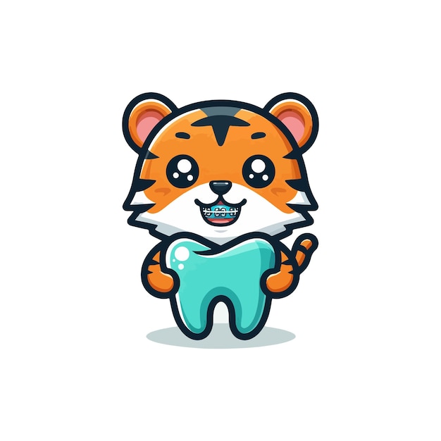 Cute tiger wearing braces tooth cartoon vector icon illustration animal medical icon isolated flat