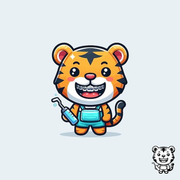 Vector cute tiger wearing braces tooth cartoon vector icon illustration animal medical icon isolated flat