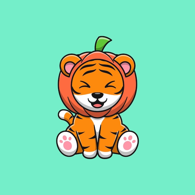 Cute tiger wearing pumpkin helmet. Flat cartoon illustration