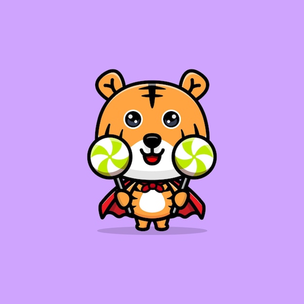 Cute tiger wearing robe and holding lollipop candy cartoon mascot illustration. design of animal mascot for a storybook, animation, or print product