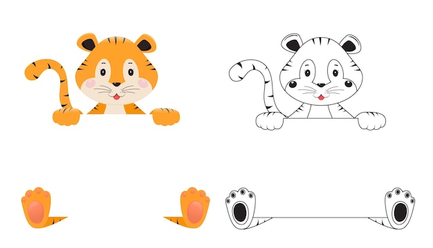 Cute tiger on white background Drawing tiger black white lines orange design for banner poster invitation card