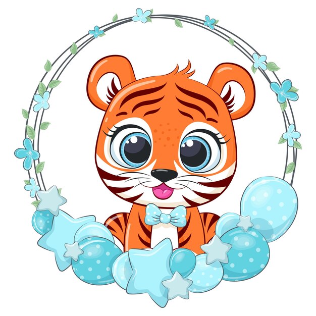 Vector cute tiger with balloons and a wreath. vector illustration of a cartoon.