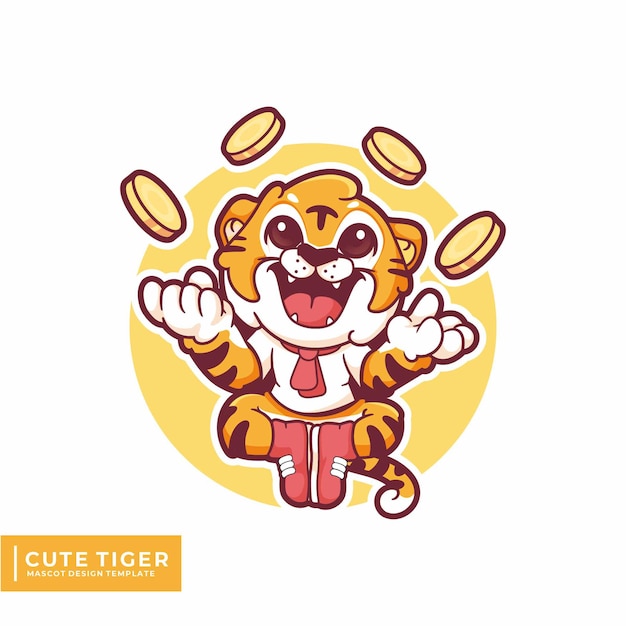 cute tiger with coins mascot logo design