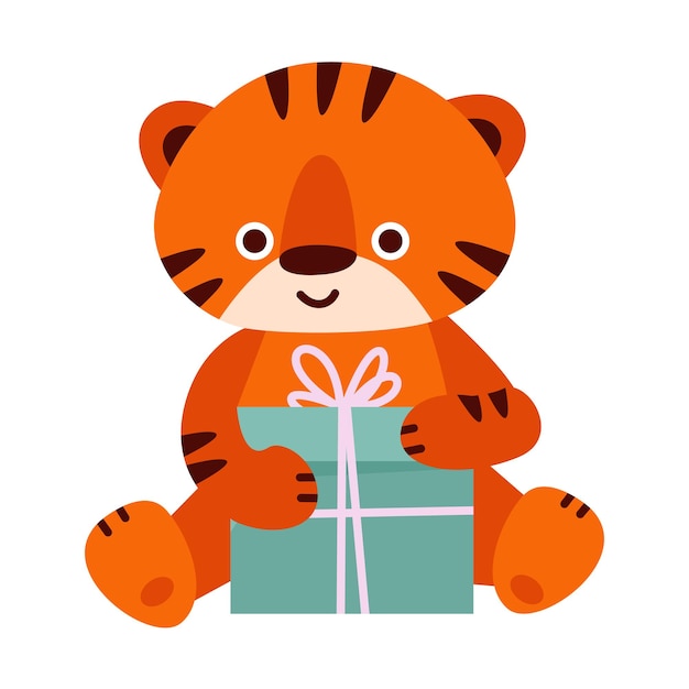 Cute tiger with a gift box. Vector illustration in cartoon style. Isolated on a white background.