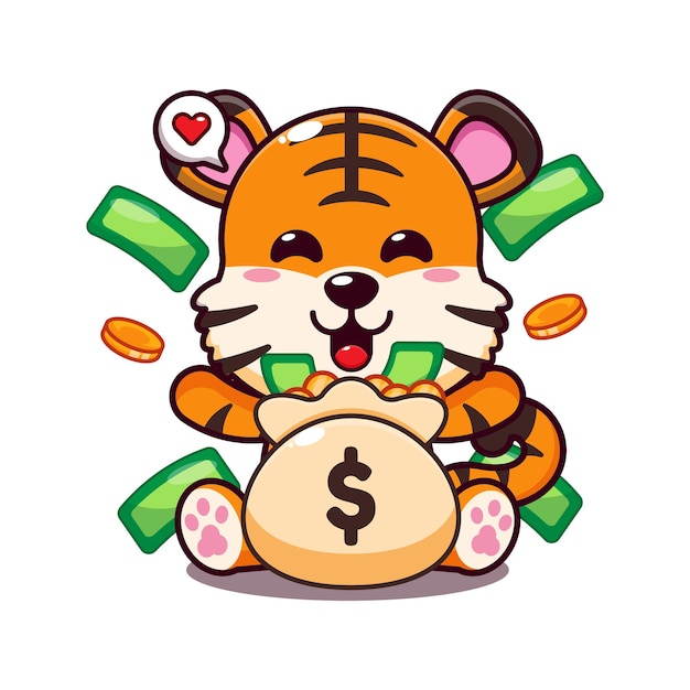 cute tiger with money bag cartoon vector illustration