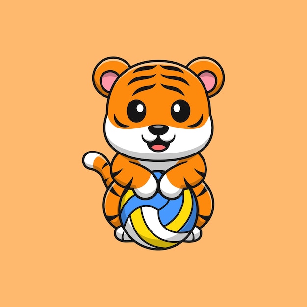 Cute tiger with volleyball. Flat cartoon illustration