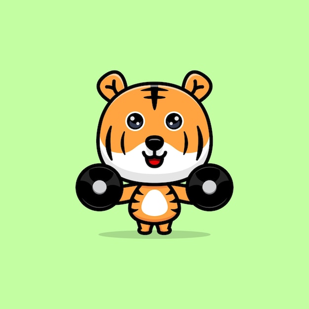 Cute tiger workout on gym cartoon mascot illustration. design of animal mascot for a storybook, animation, or print product