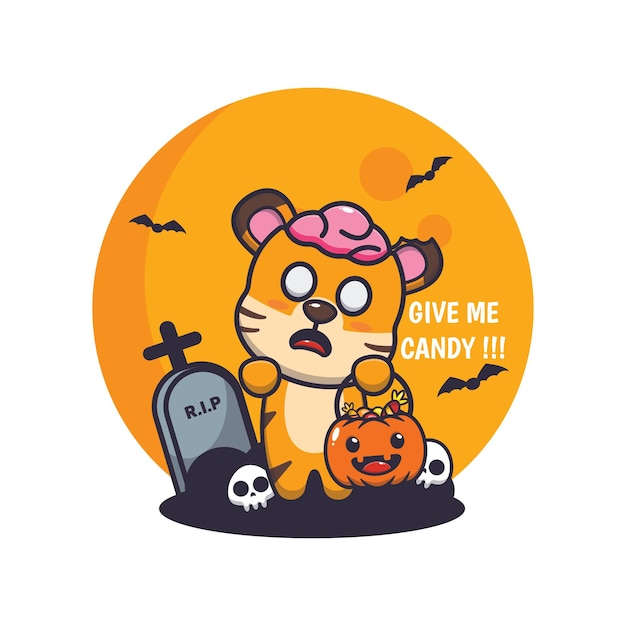 cute tiger zombie want candy cute halloween cartoon illustration