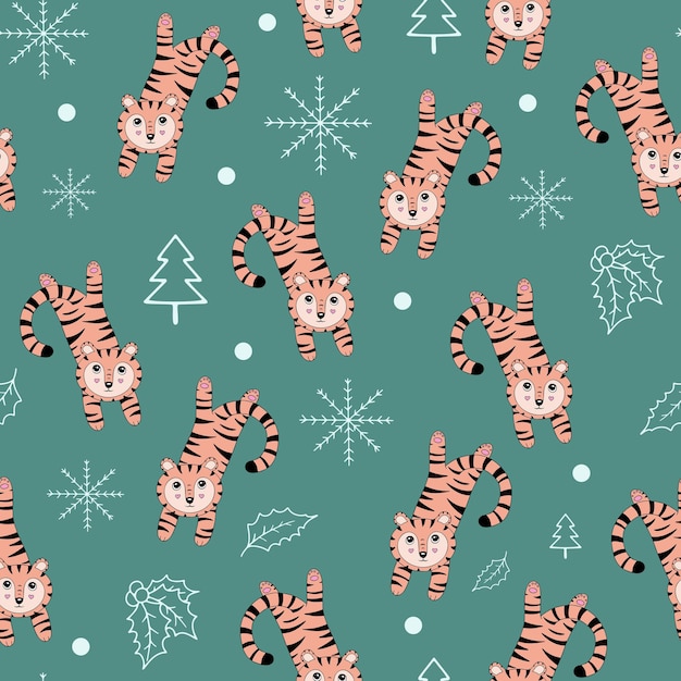 Cute tigers, hand-drawn background. Colorful seamless pattern with tigers.