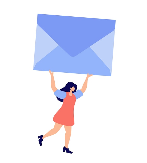 Cute tiny vector woman carrying huge envelope overhead Female character present blue craft mail Flat cartoon