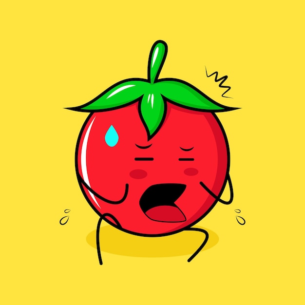 cute tomato character with afraid expression and sit down. green, red and yellow