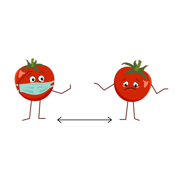 Cute tomato character with mask keep distance isolated on white background. The funny or sad hero, red fruit and vegetable. Vector flat illustration