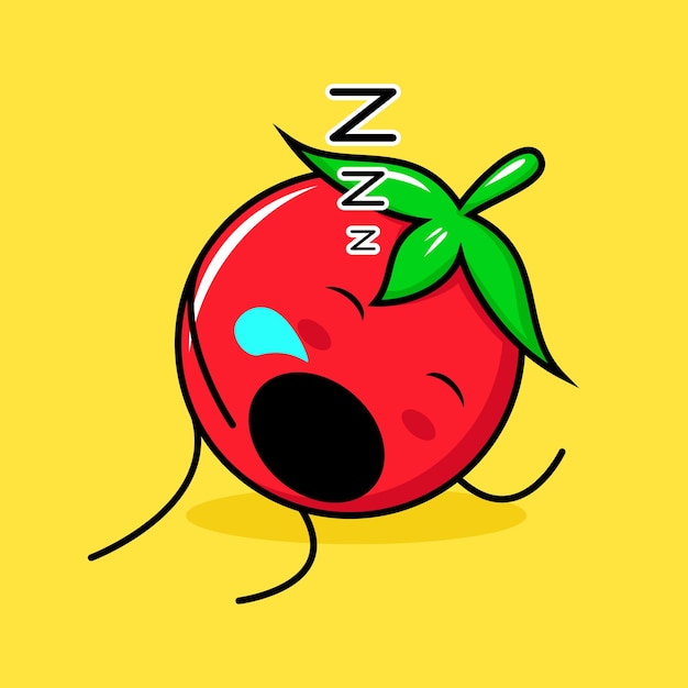 cute tomato character with sleep expression and mouth open. green, red and yellow