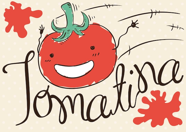 Cute tomato in doodle style flying at full speed with some spots around it for Tomatina Festival