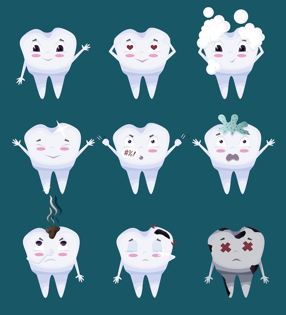 Cute tooth characters set in cartoon style teeth with different emotions set for label design vector