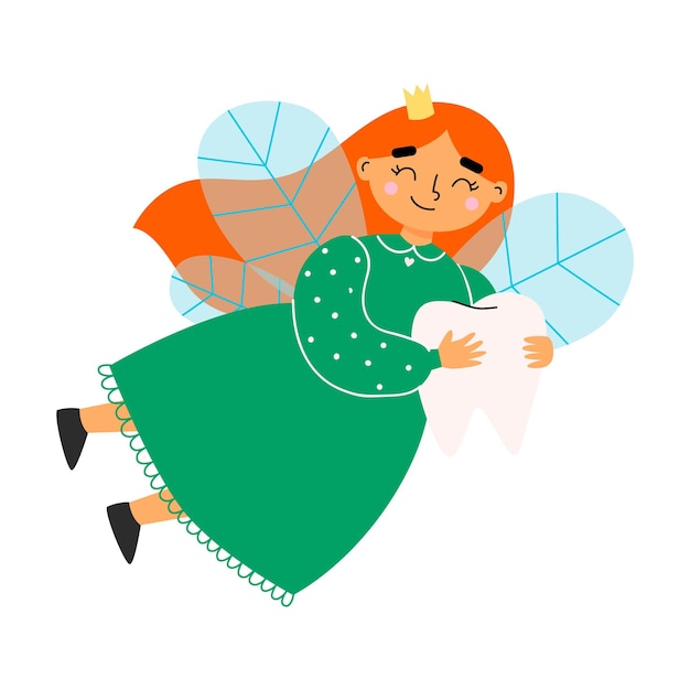 Cute tooth fairy holding a tooth in her hands. Vector illustration