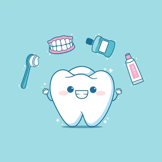 Cute tooth with dental elements mouthwaste toothpastetoothbrush cartoon illustration