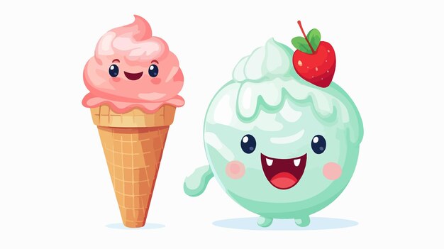 Vector cute tooth with ice cream balls in a waffle cone