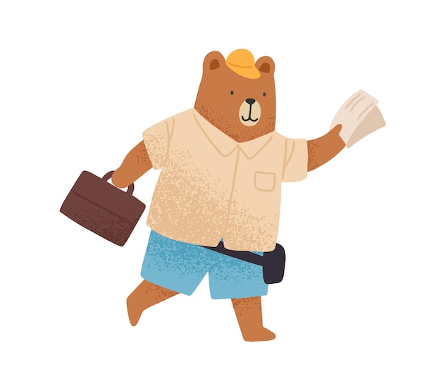 Cute tourist bear hurrying with map or ticket and luggage vector flat illustration. Funny wild animal rushing, carrying baggage isolated on white. Childish character going to travel or vacation.