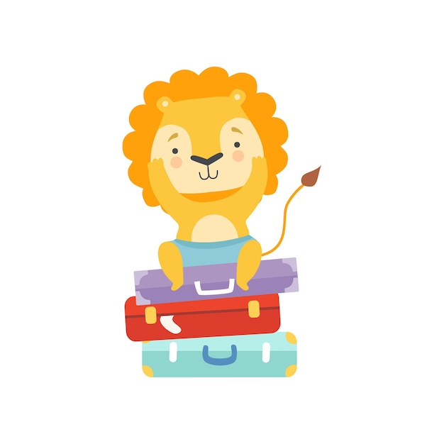 Cute tourist lion sitting on suitcases animal cartoon character travelling on summer vacation vector Illustration isolated on a white background