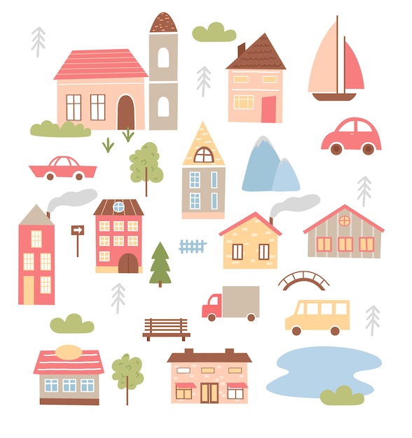 Cute town houses set cartoon tiny home funny buildings of city or village collection