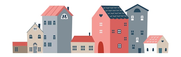 Cute town street. Cozy tiny houses in scandinavian style. Vector illustration