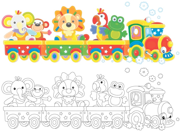 Cute toy train with a steam locomotive pulling colorful carriages with funny little animals