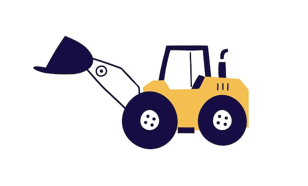 Cute tractor with ladle, dipper. Construction vehicle toy in Scandinavian style. Childish transport with scoop, machine, equipment. Kids Scandi flat vector illustration isolated on white background.