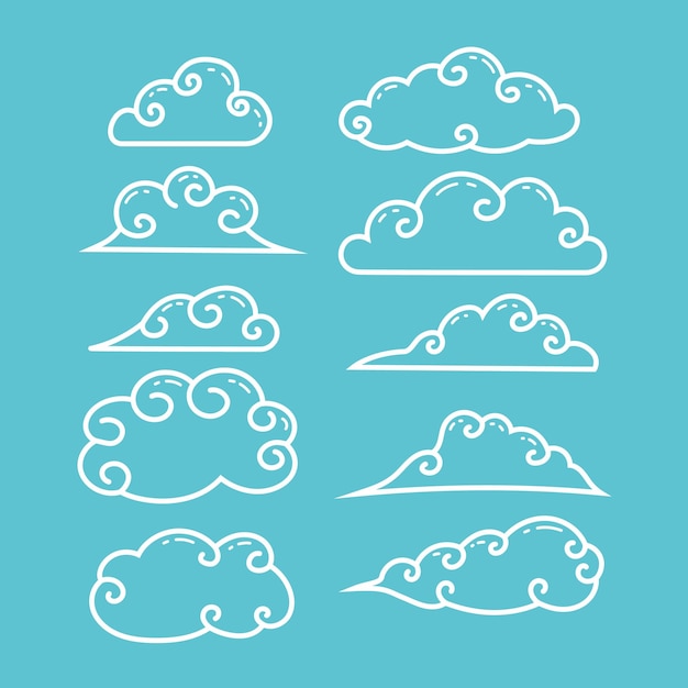 Cute traditional chinese or japanese cartoony curly cloud outline illustration collection set