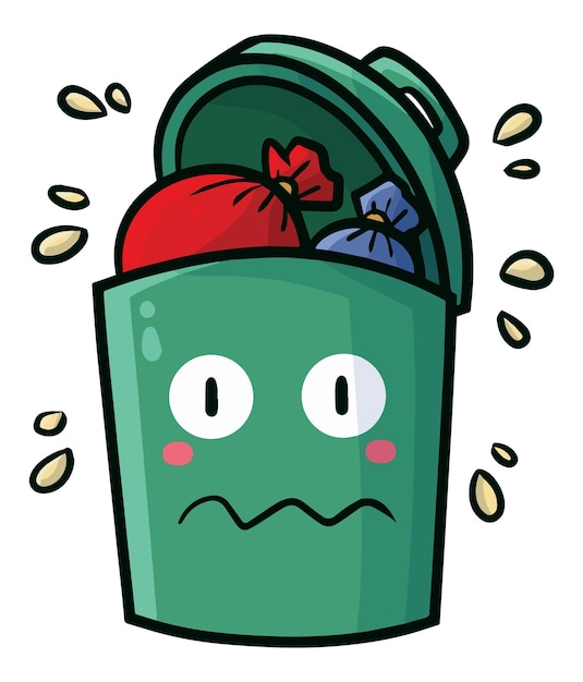 Cute trash can cartoon character with worried face