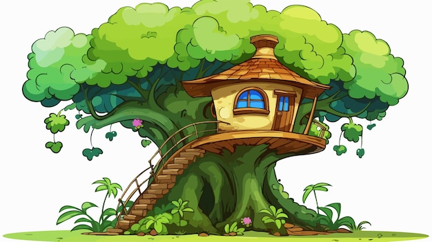 Cute Tree House Cartoon on Jungle Design