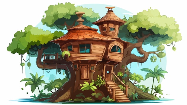 Cute Tree House Cartoon on Jungle Design